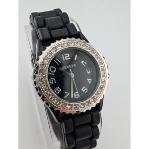 Geneva Women's Watch 32mm Case Rhinestone Bezel Black Silicone Band- New Battery